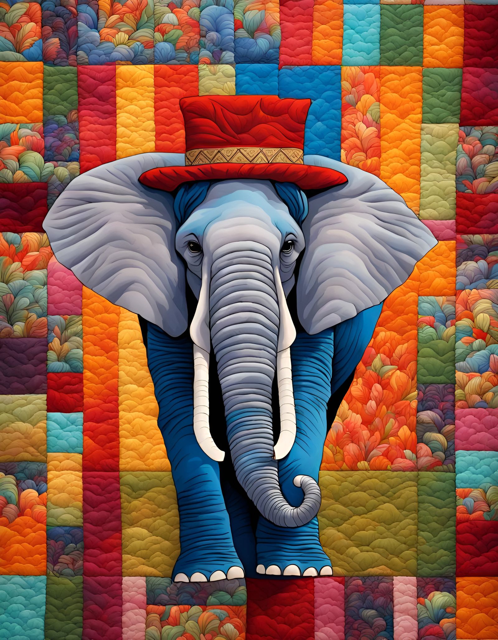 Elephant Quilt with Hat in Vivid Colors