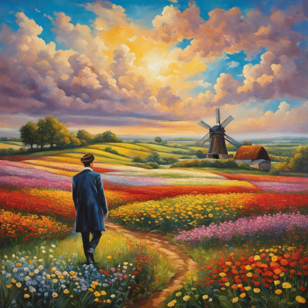 Colorful Flower Field Painting of a Young Man