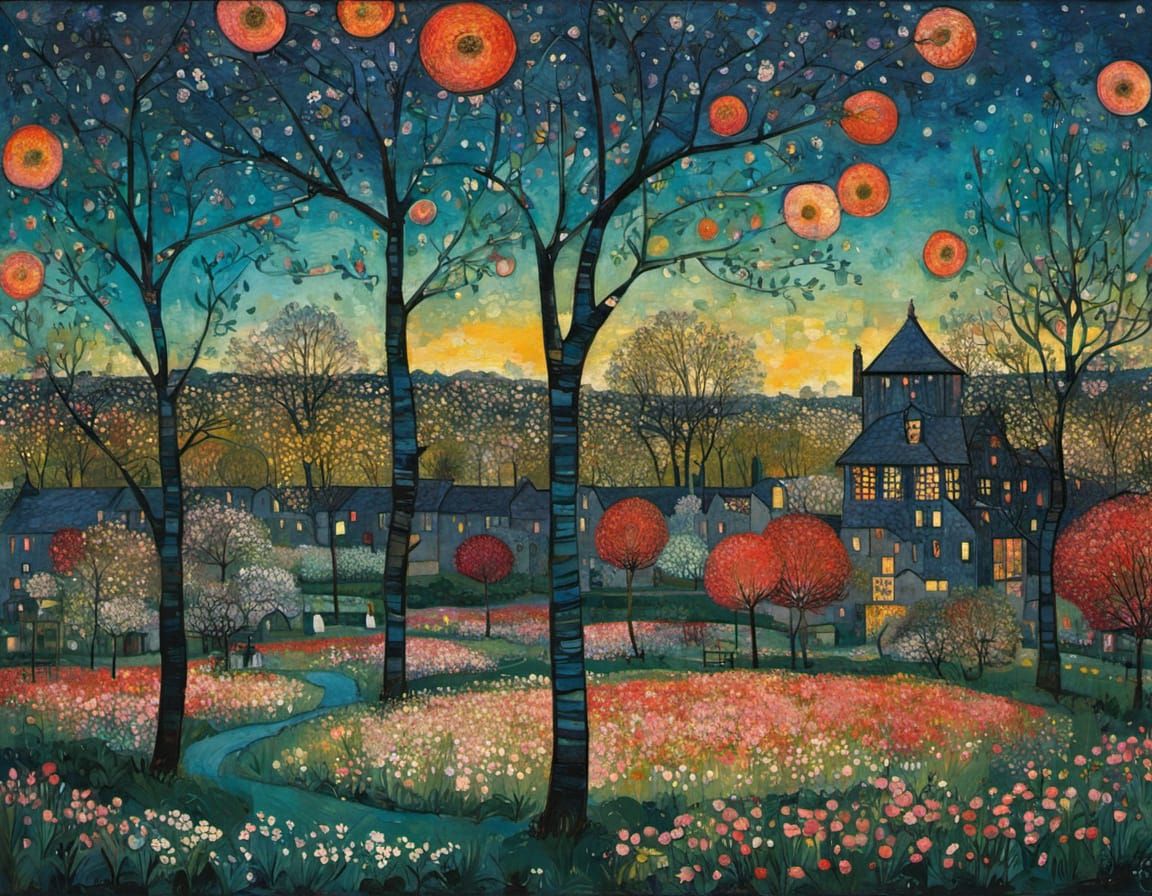 Blossoming Apple Garden in Soft Evening Light