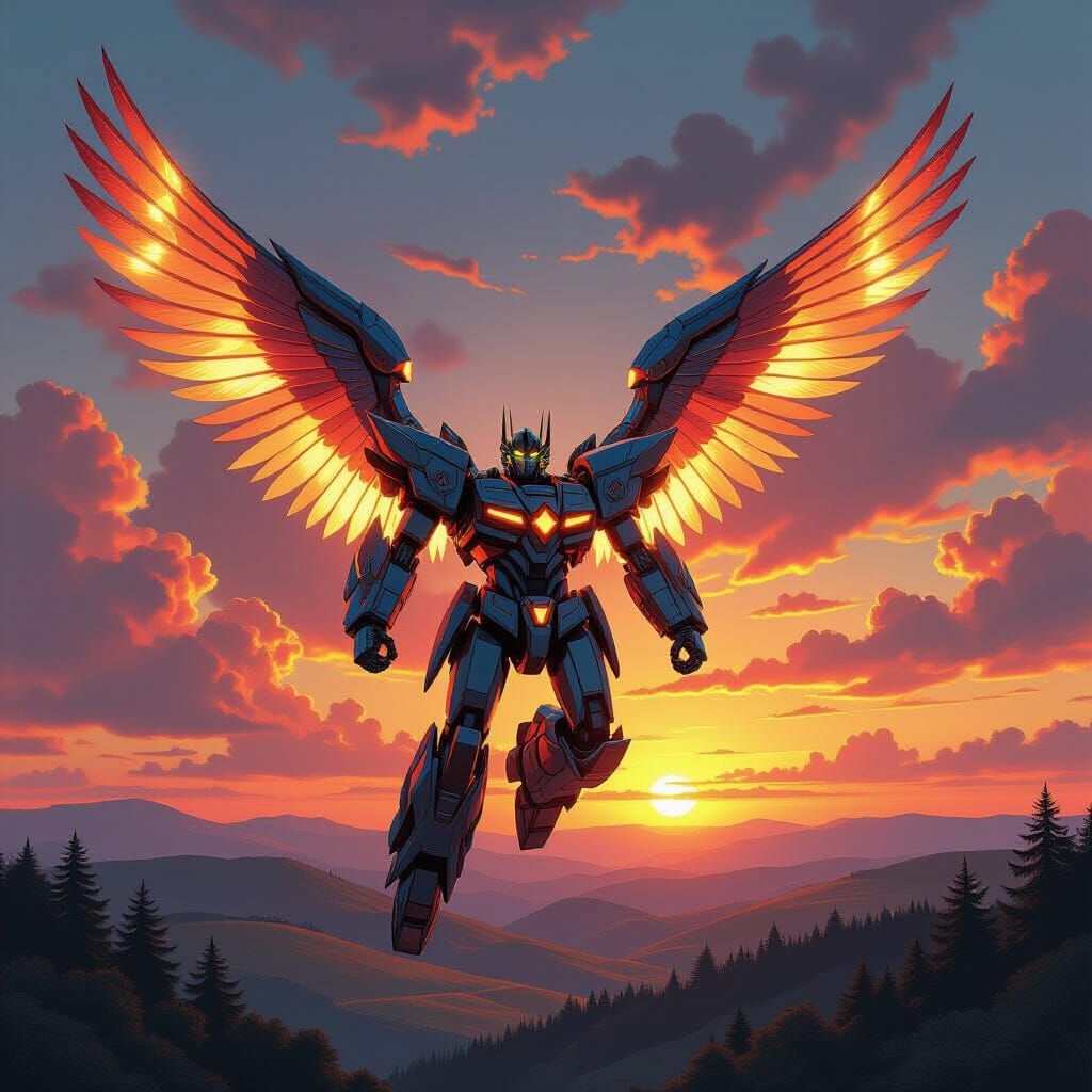 Robot Soaring Through Sunset Sky in Fantasy Realism