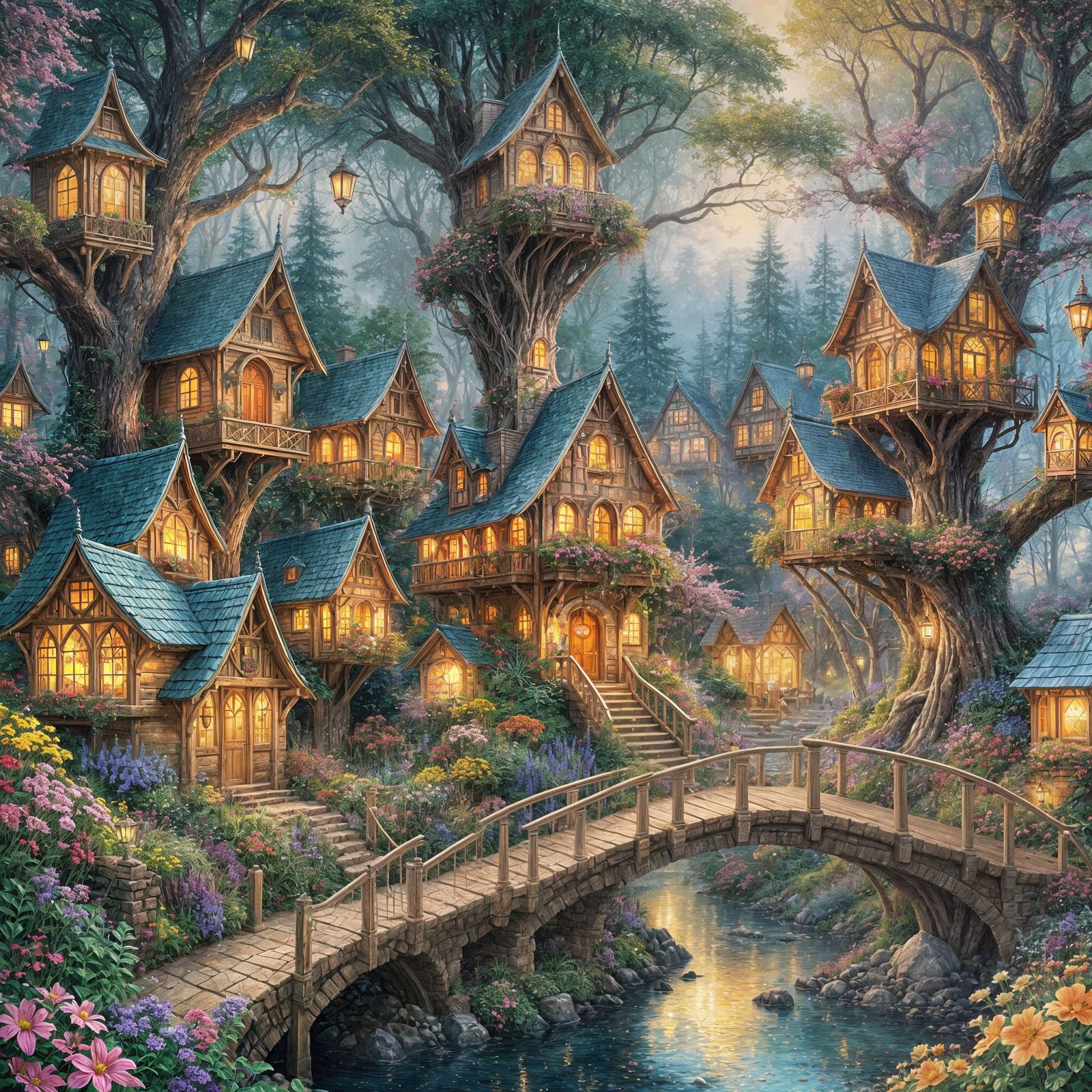 Ethereal Fairy Treehouse Village in Kinkade Style