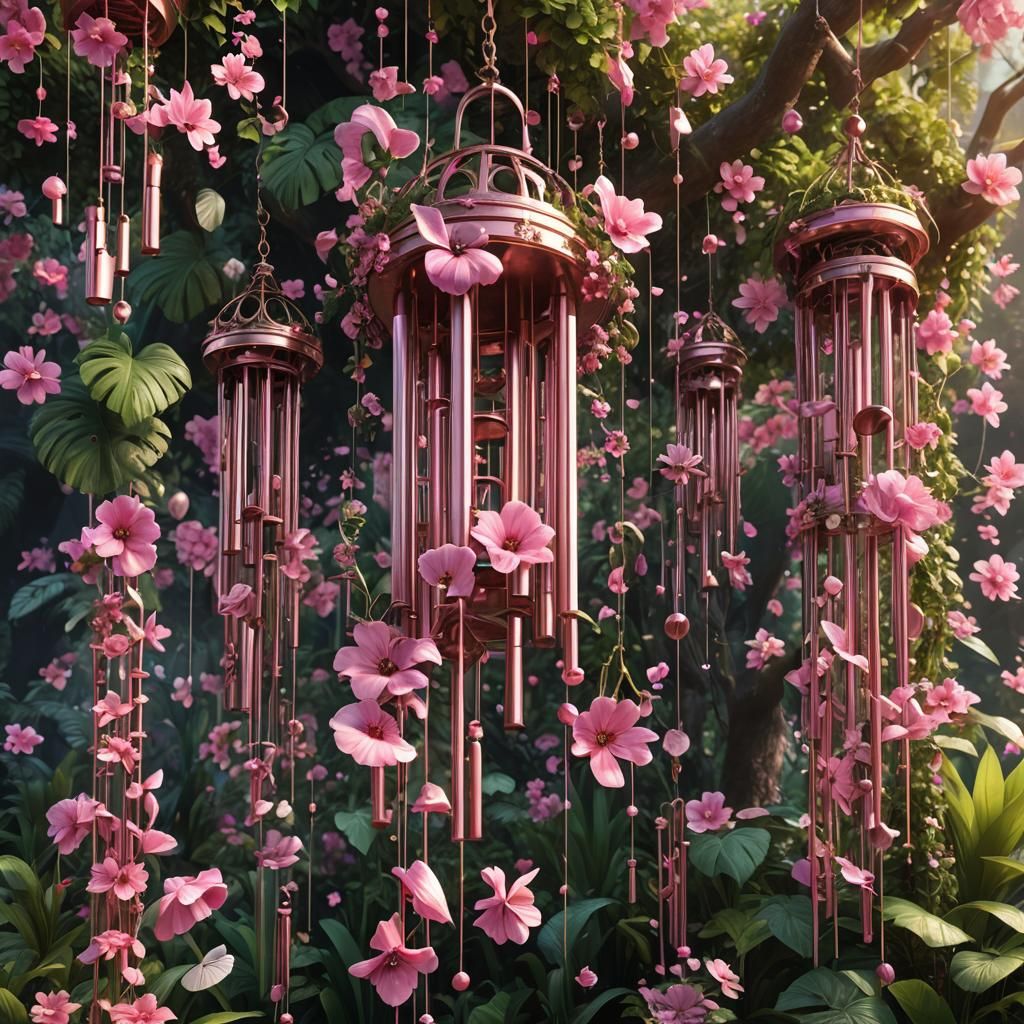 Musical Lush Garden with Pink Wind Chimes