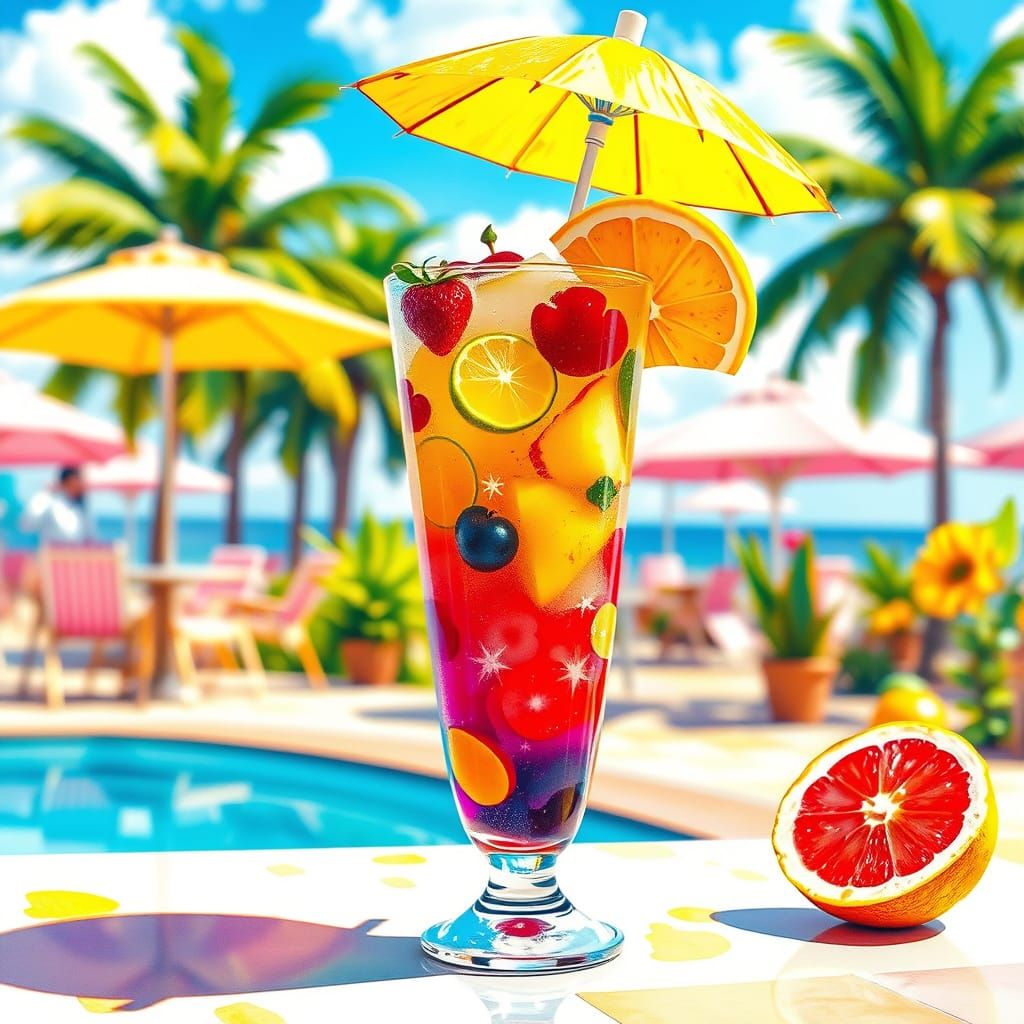 Vibrant Summer Drink with Fruits in Digital Watercolor Style