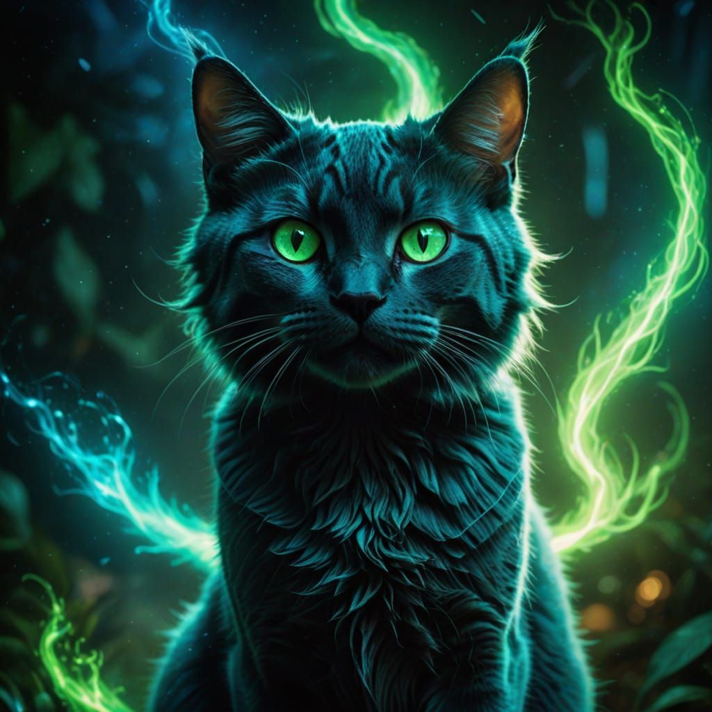 Cosmic Blue Cat with Fierce Green Eyes and Light Aura