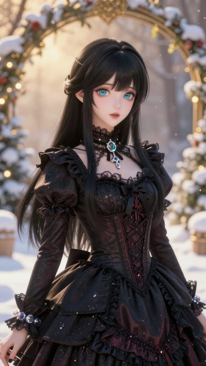 Elegant Korean Woman in Gothic Winter Garden