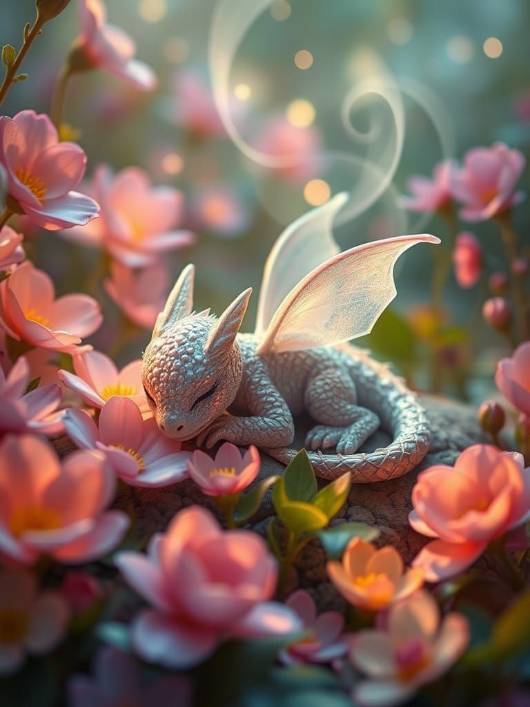 Pearly Fairy Dragon Sleeps in Bioluminescent Garden