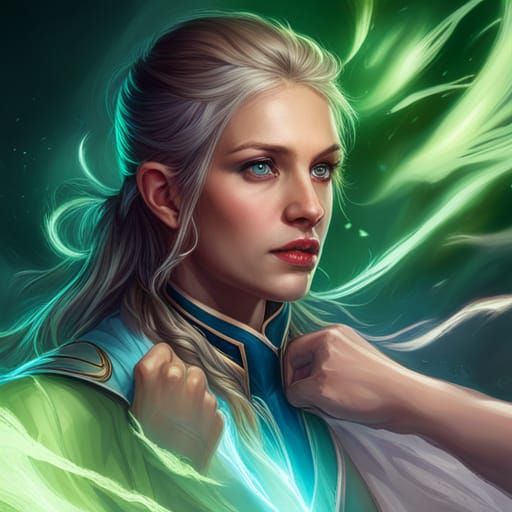 female wizard among male wizards ; hyperdetailed; photoreali...
