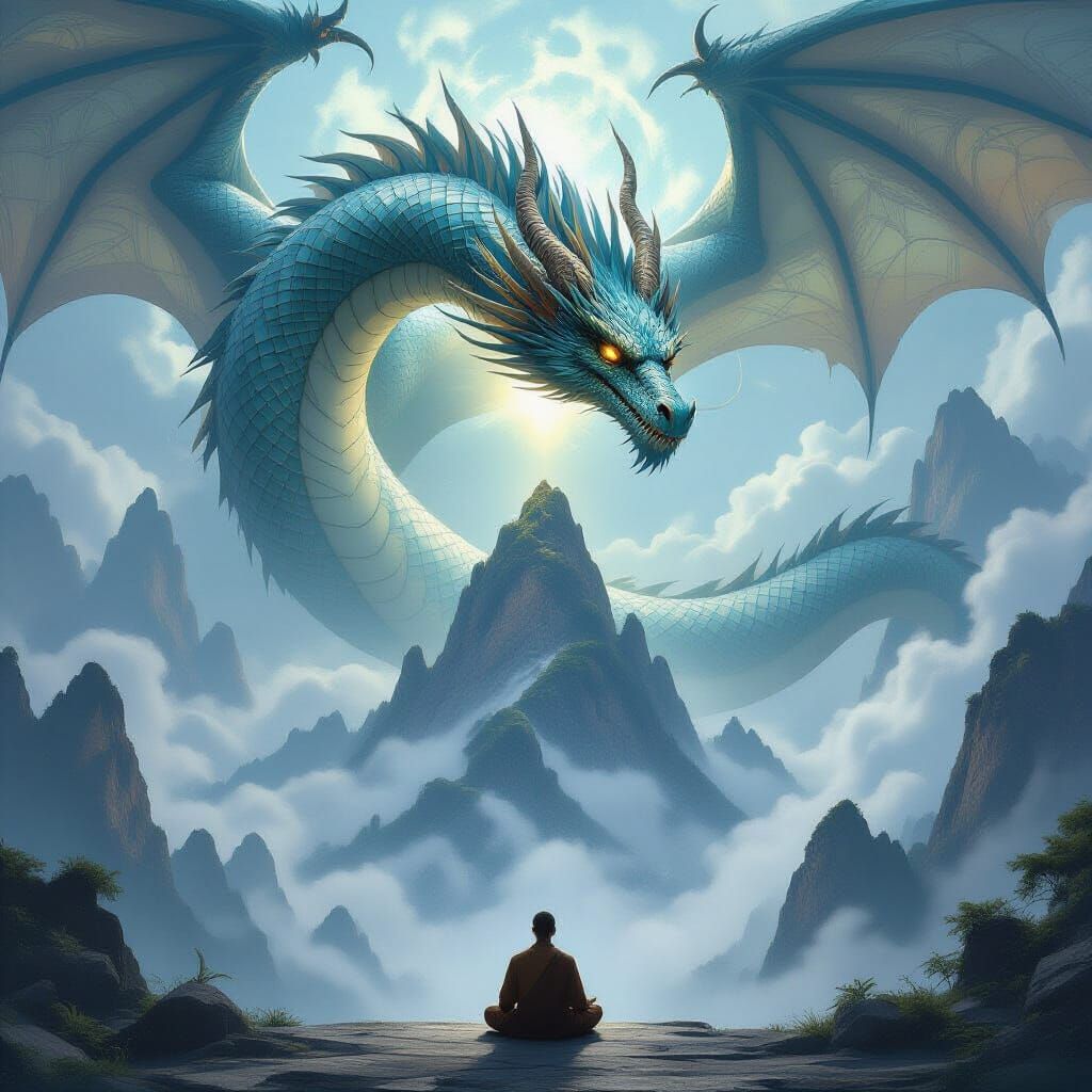 Colossal Dragon Above Misty Peaks with Meditating Figure