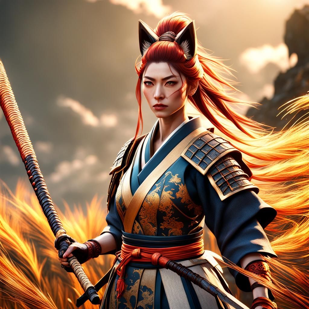 Fox-Tailed Samurai Woman: Detailed Matte Painting