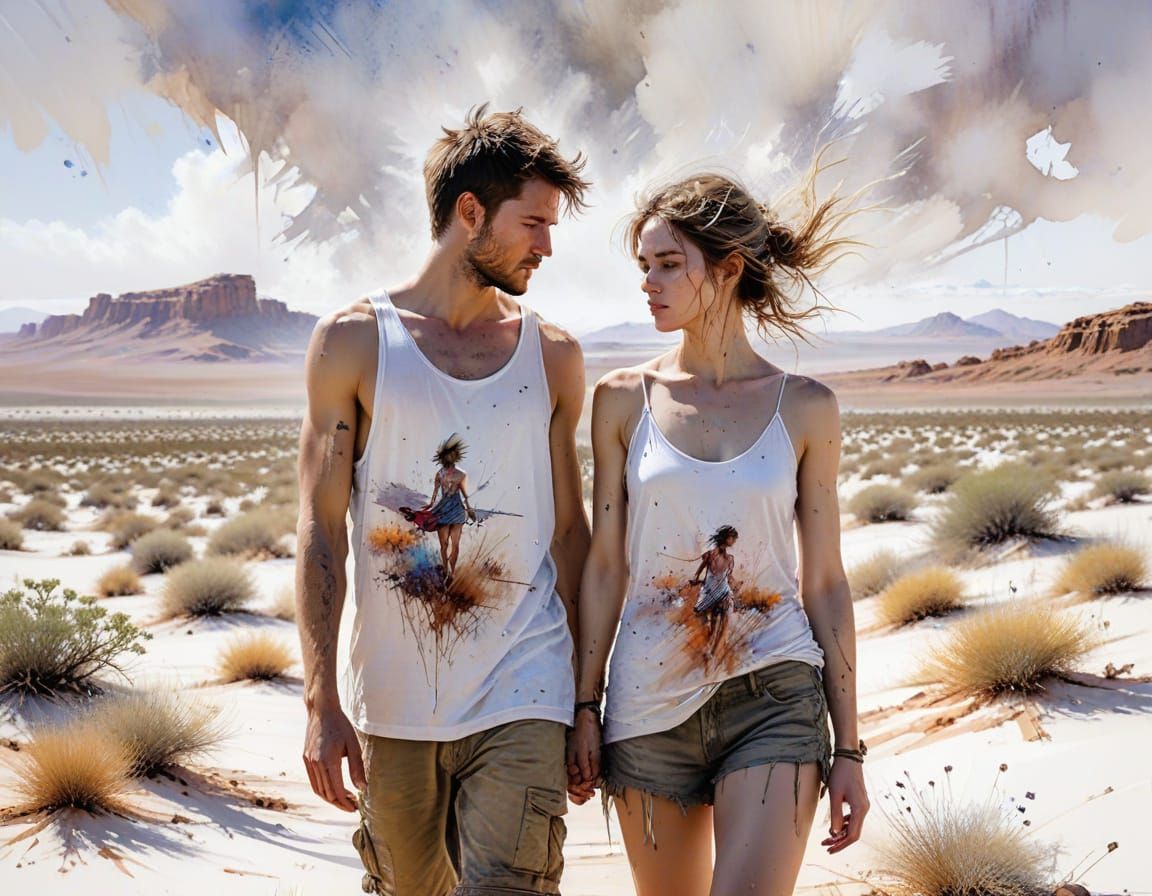 Brother and Sister in Desert, Stylized Watercolour Art