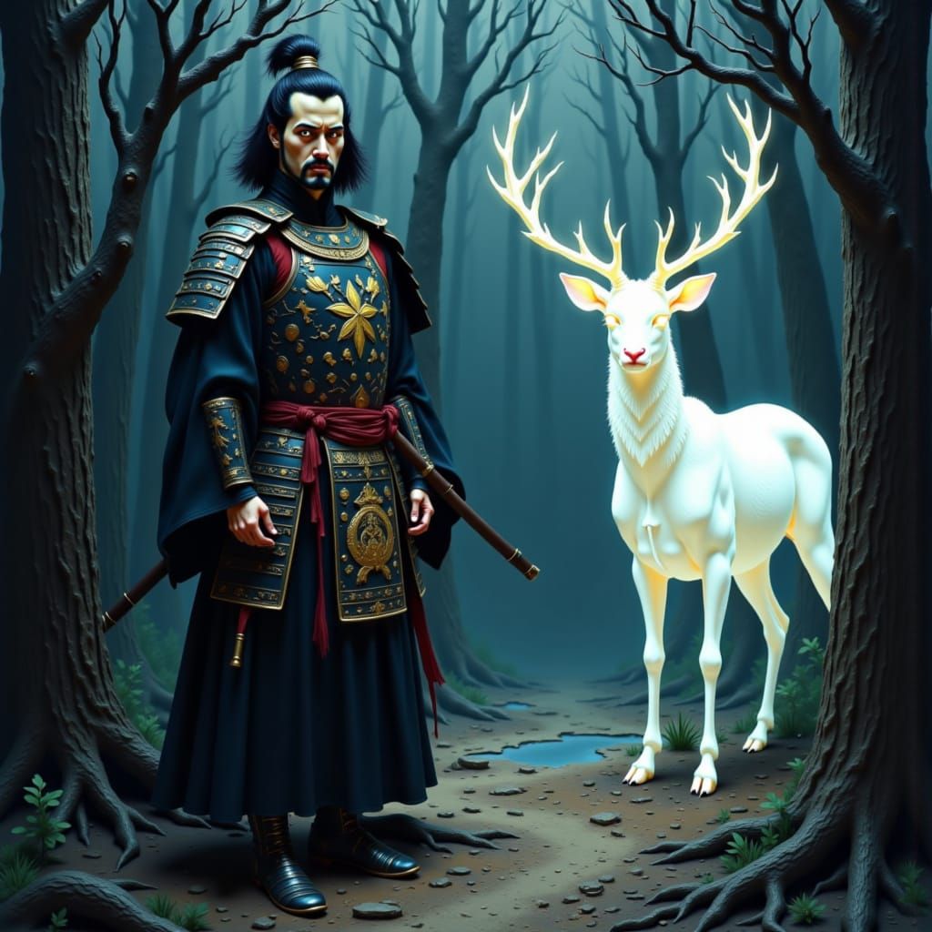 Samurai and Ethereal Deer Portrait in Pulp Style