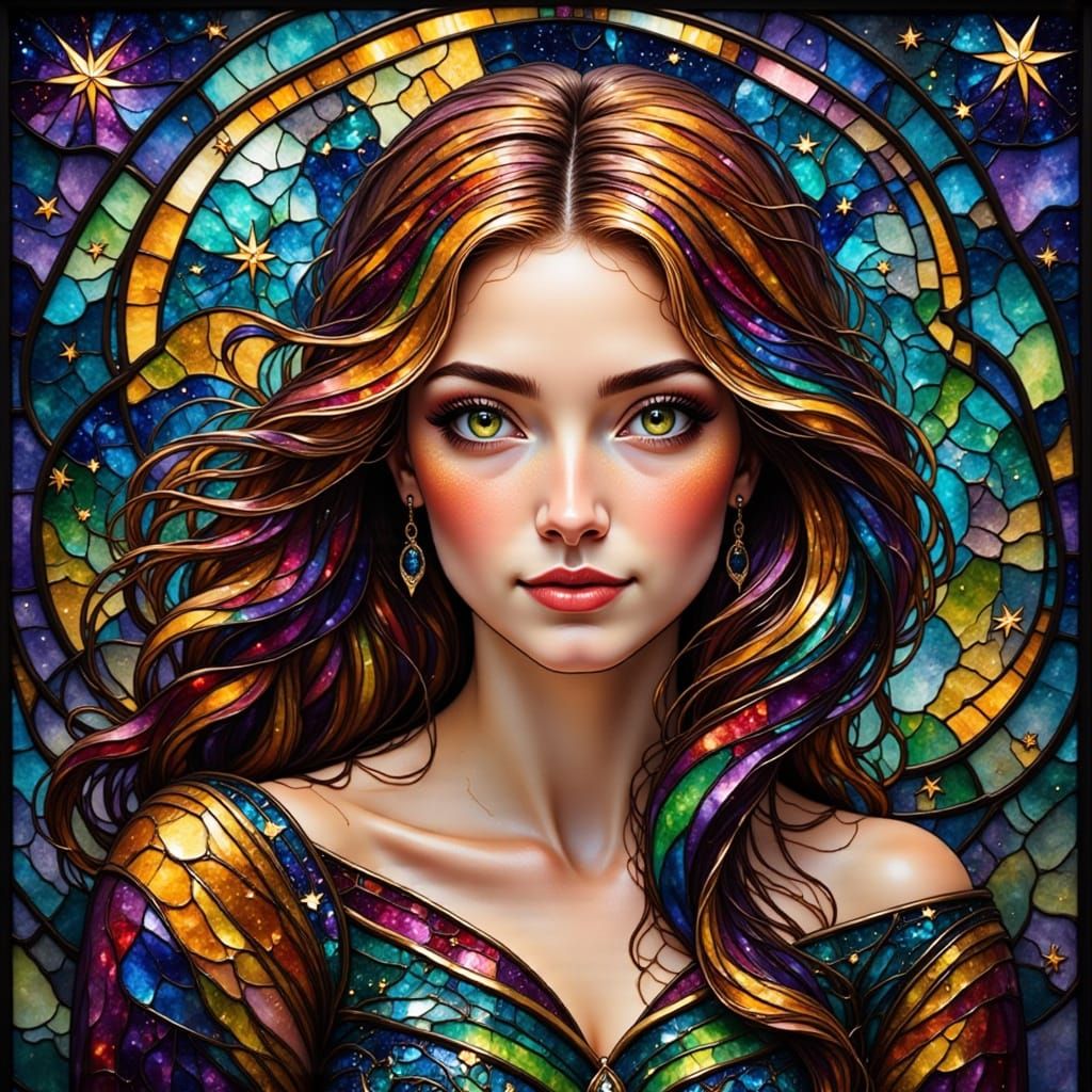 Surreal Stained Glass Portrait in Vibrant Cosmic Colors