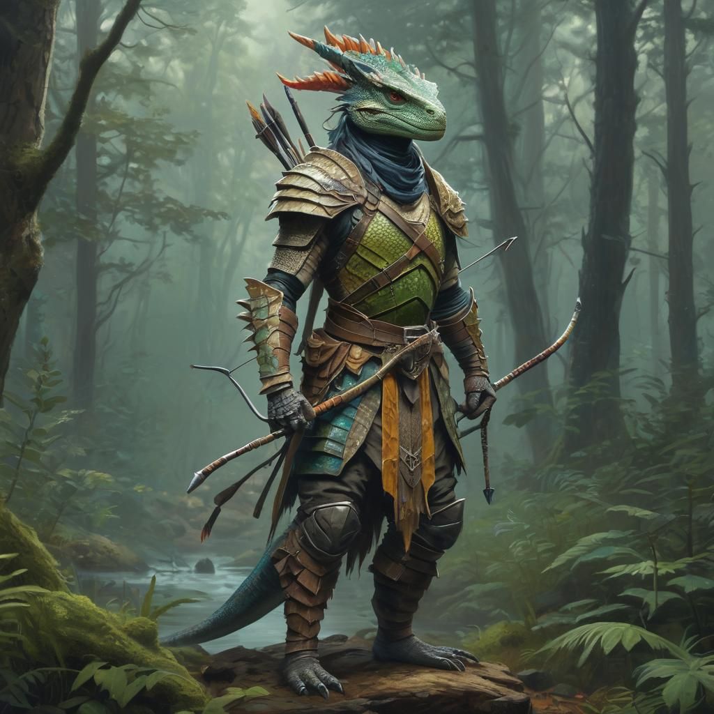 Lizardfolk Ranger with Dragon in Oil Painting