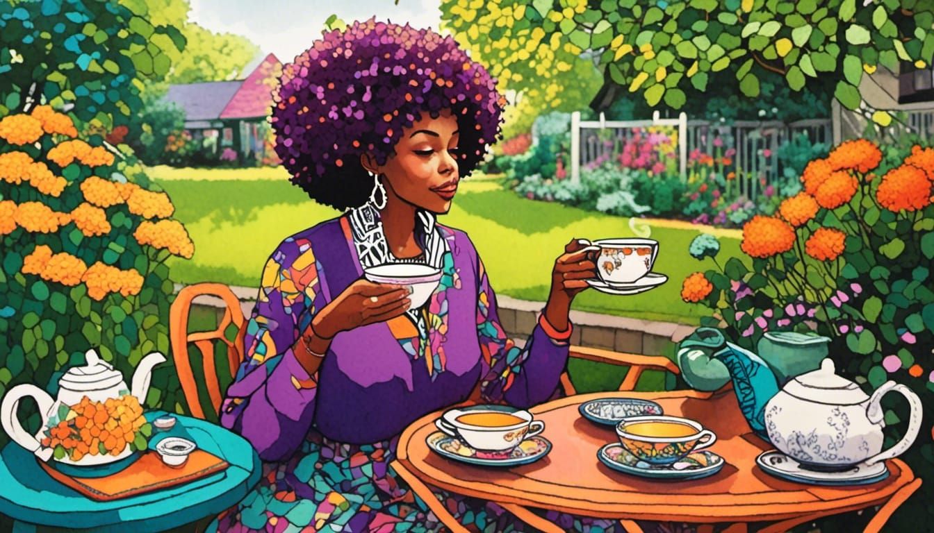 Anime Garden Scene with Woman Drinking Tea