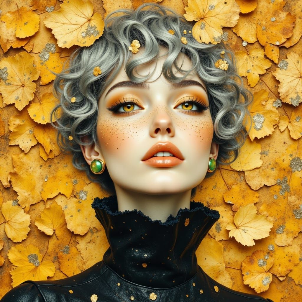 Woman with Autumn Leaves in Art Nouveau Style