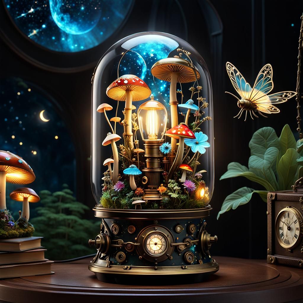 Steampunk Fairy Workshop Lamp in Glass Dome