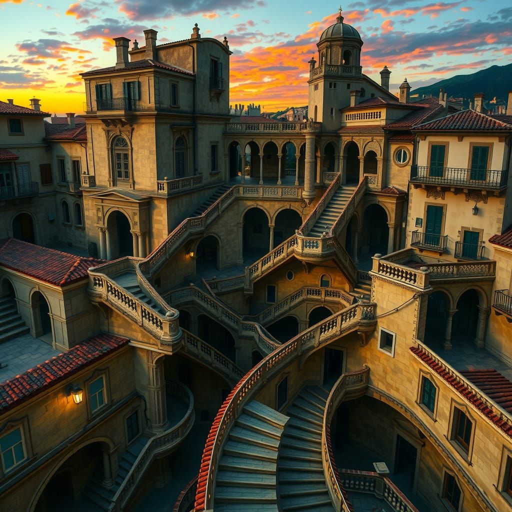 Surreal Mediterranean Dreamscape with Impossible Geometry an...