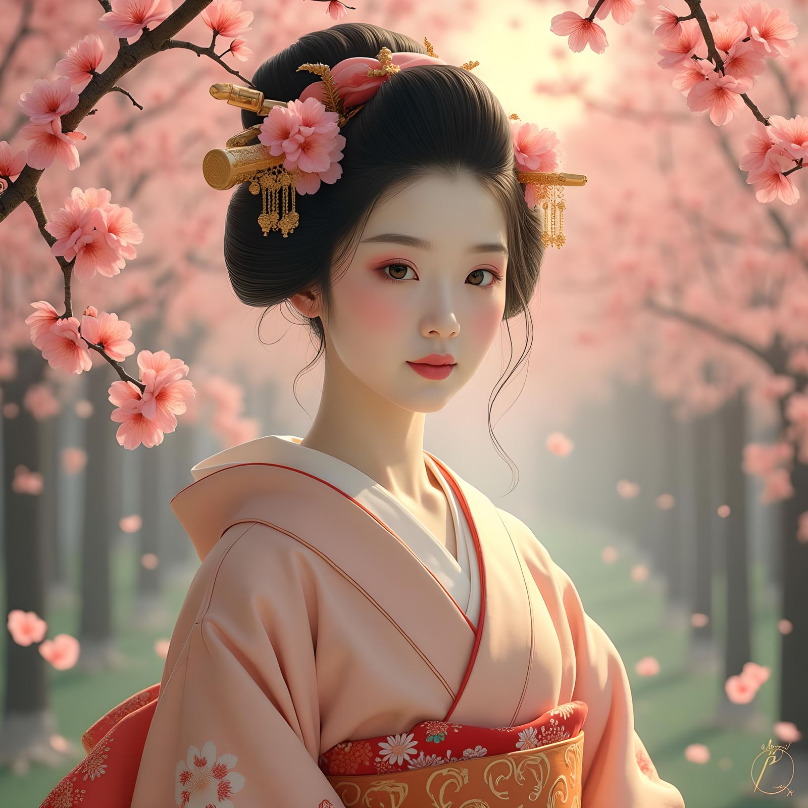 Geisha Portrait in Sakura Garden