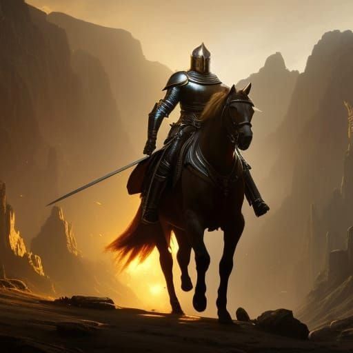 Gold Knight on Horse in Dark Fantasy Style