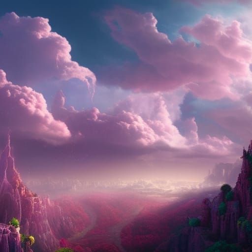 Enchanted Pink Hearts in Clouds: Fantasy Art