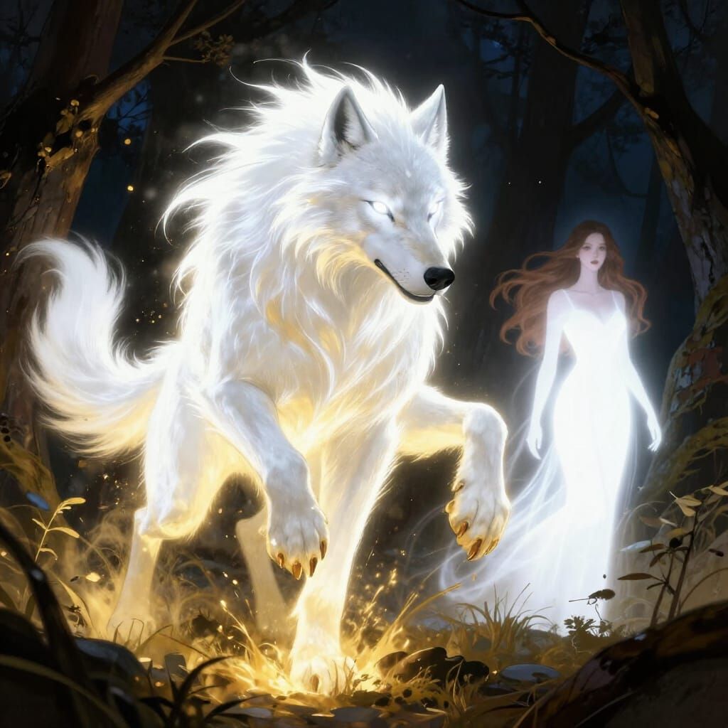 White Werewolf with Golden Eyes in Dark Fantasy Style