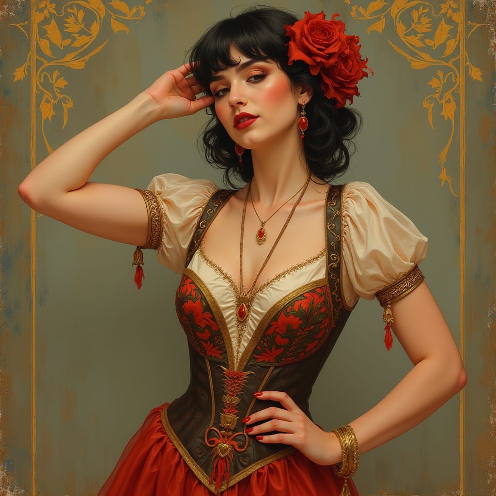 Elegant Woman Posing, Inspired by Alphonse Mucha