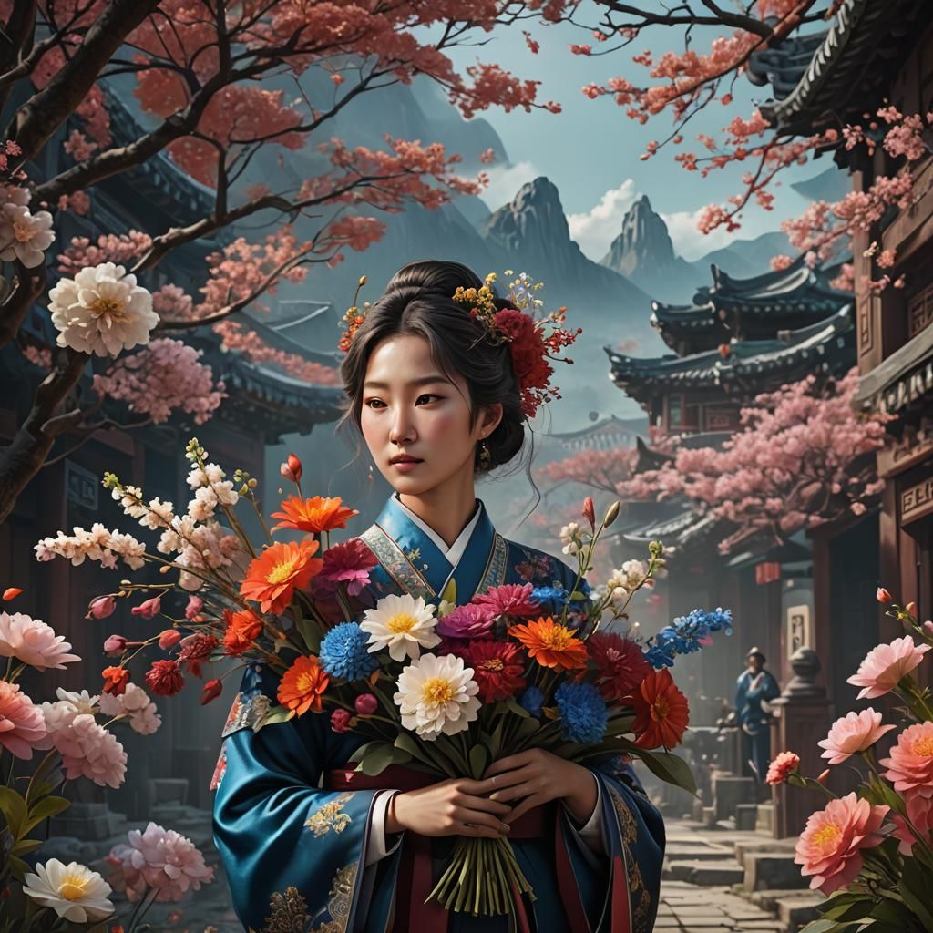 Korean Woman with Flowers: Detailed Digital Painting