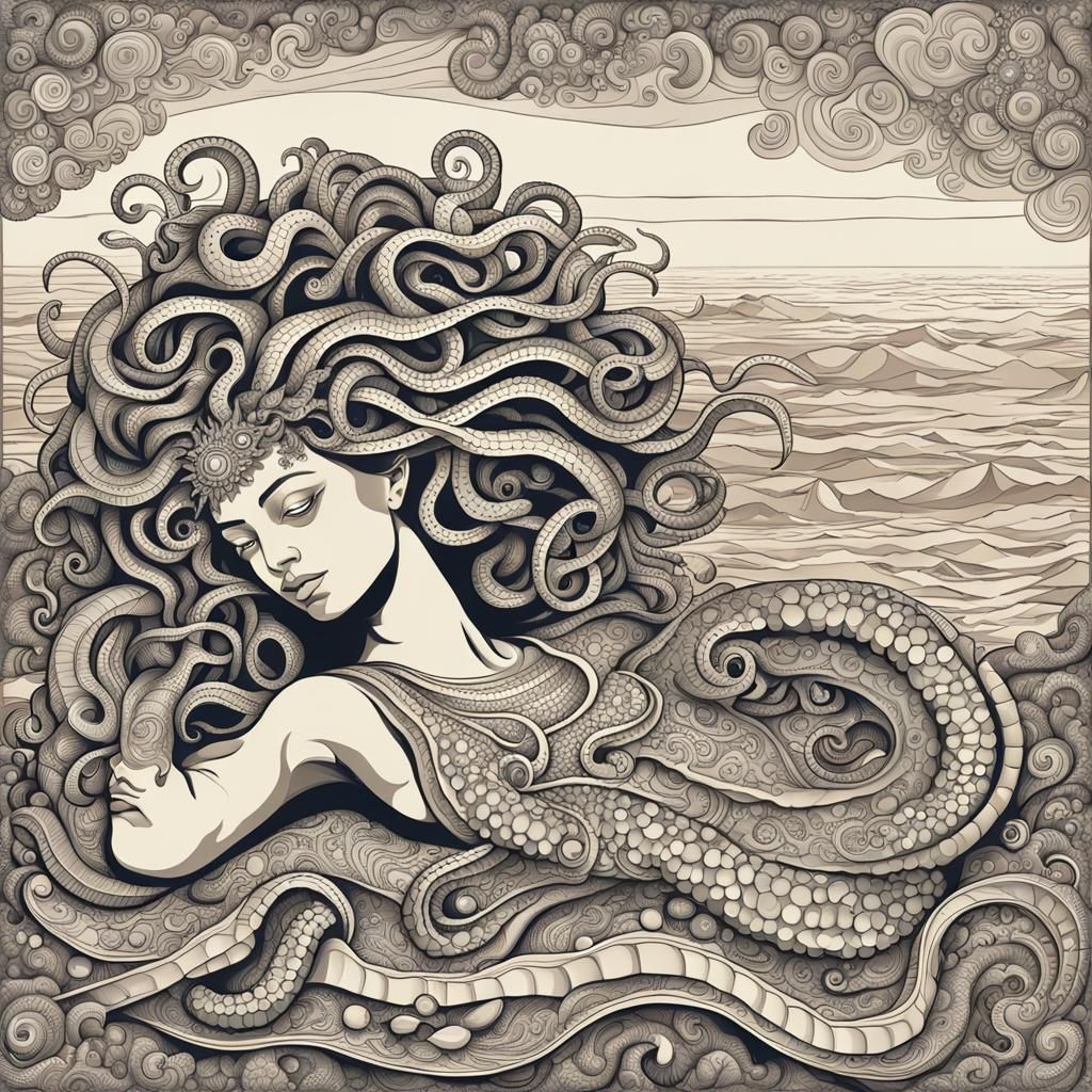 Medusa Relaxing on the Beach with Abstract Fractals