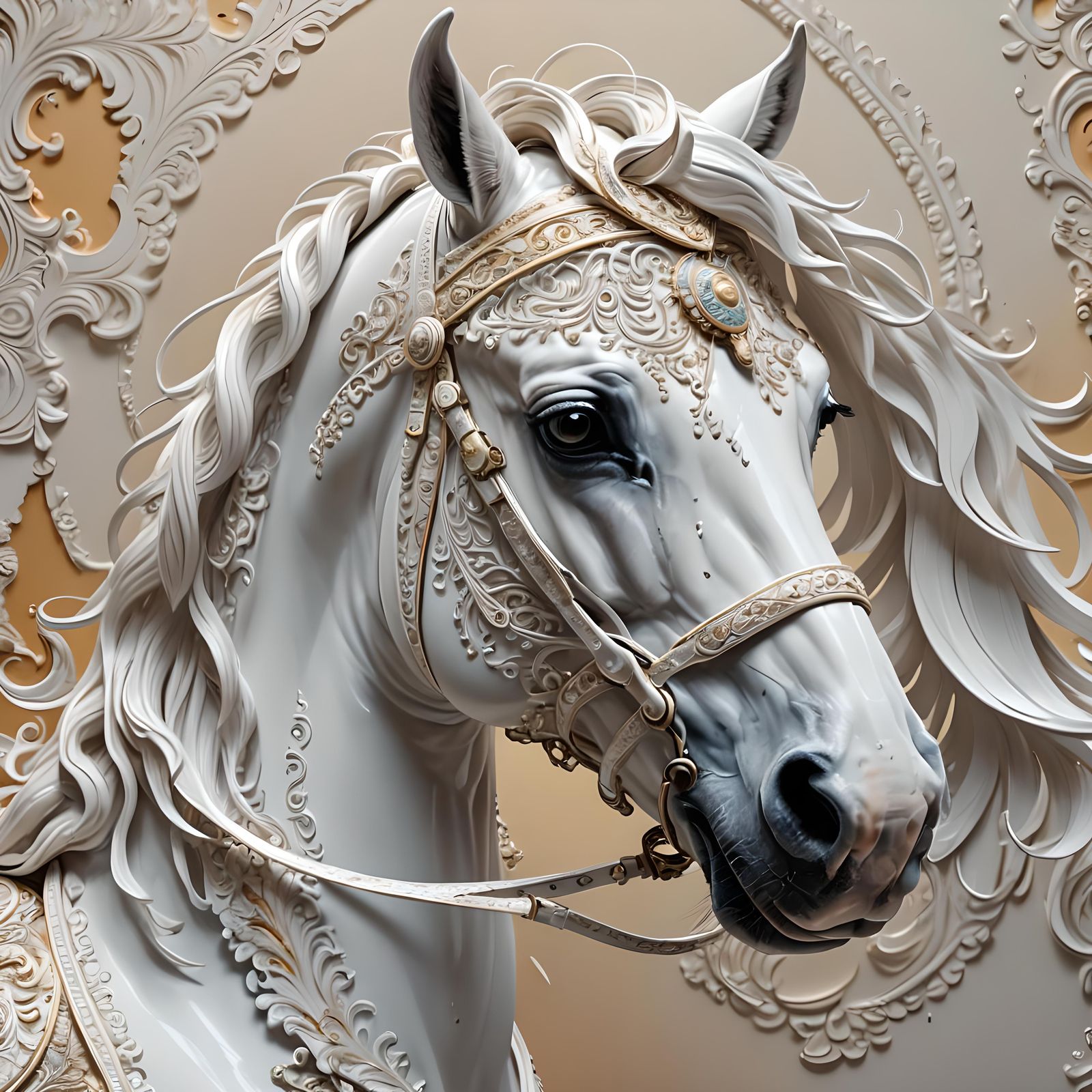 Stunning Ornate White Horse Head in Hyperrealism