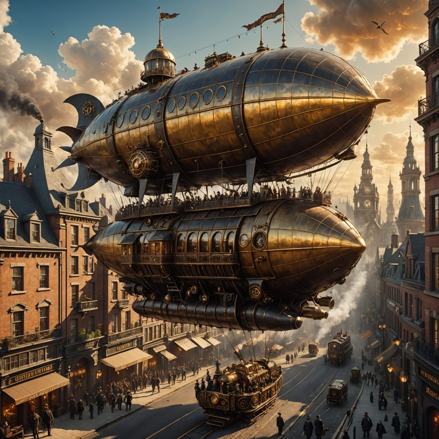 Steampunk Zeppelin Over Victorian Cityscape