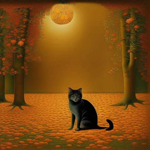 Autumn Cats in Fantasy Landscape, Classical Art Style