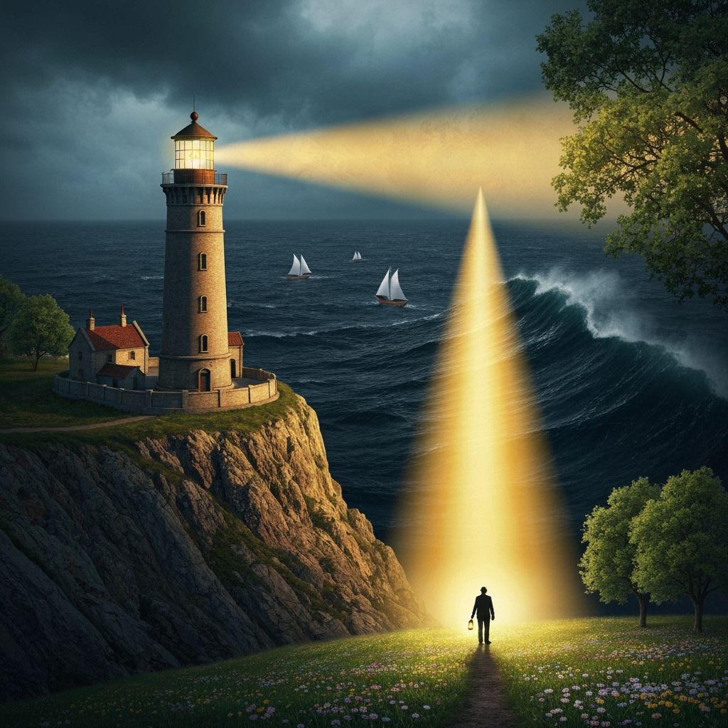 Lighthouse on Stormy Cliff with Golden Light Bridge