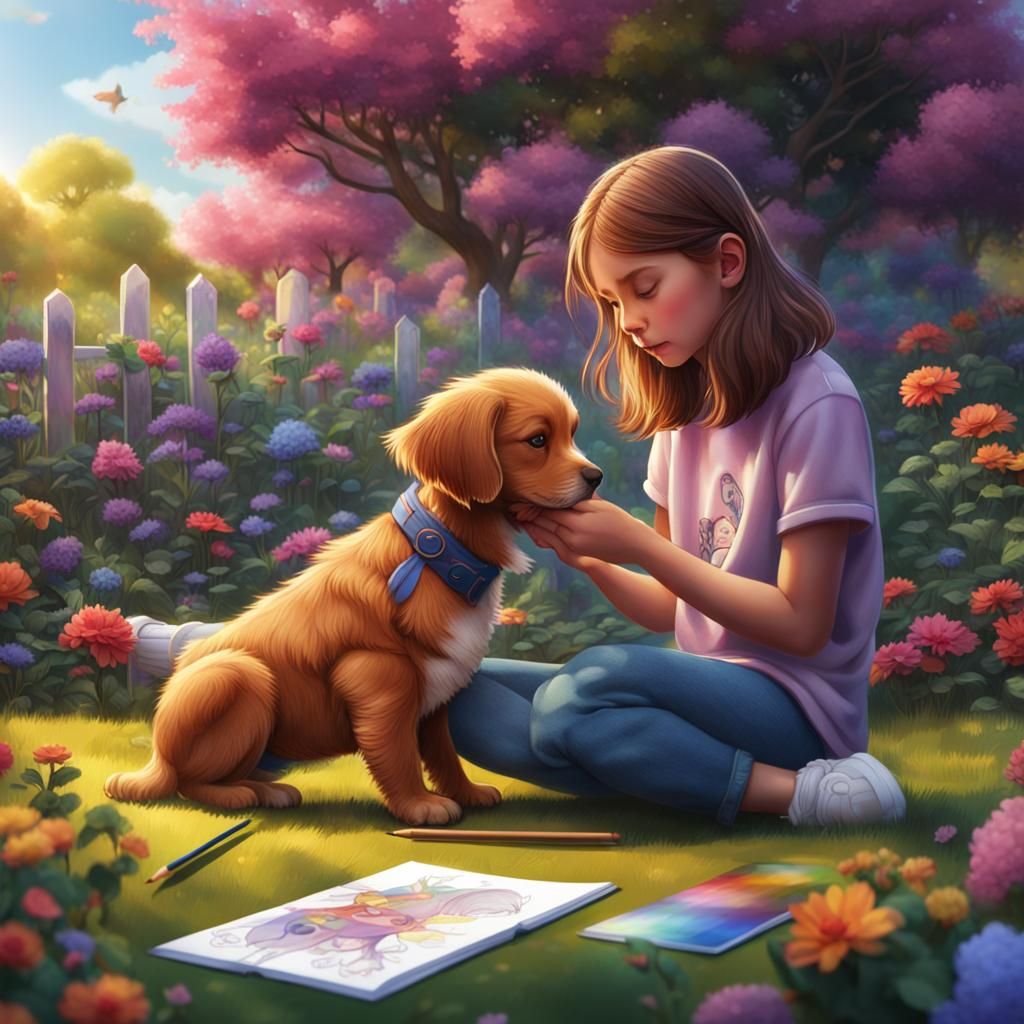 Girl Sketching Puppy in Colorful Garden