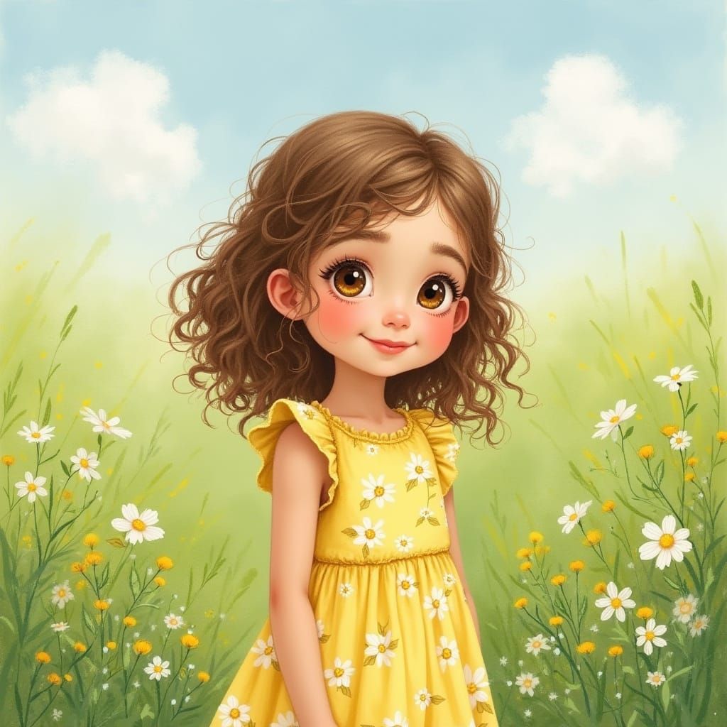 Young Girl in a Lush Meadow in Whimsical Impressionist Style