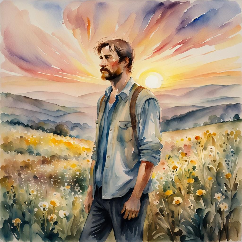 Watercolor Portrait of a Handsome Man at Sunset