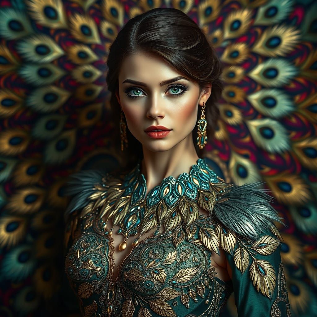 Elegant Woman with Emerald Green Eyes and Peacock-Inspired A...