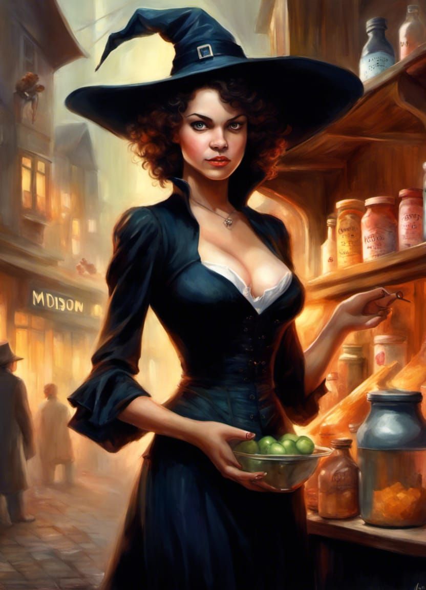 Modern Witch at Misty Black Market, Golden Age Illustration