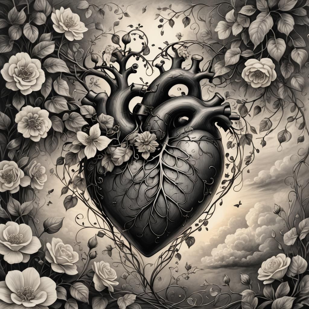 Heart with Flowers Charcoal Drawing in Romantic Style
