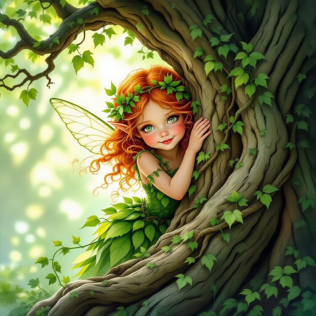 Ethereal Fairy Hiding Behind Ancient Tree in Enchanted Fores...