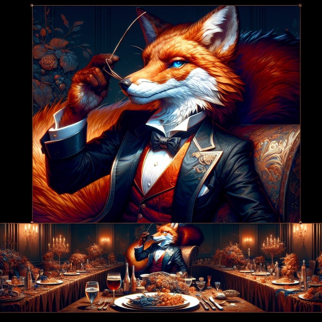 Anthropomorphic Fox in Tuxedo at Dinner Party
