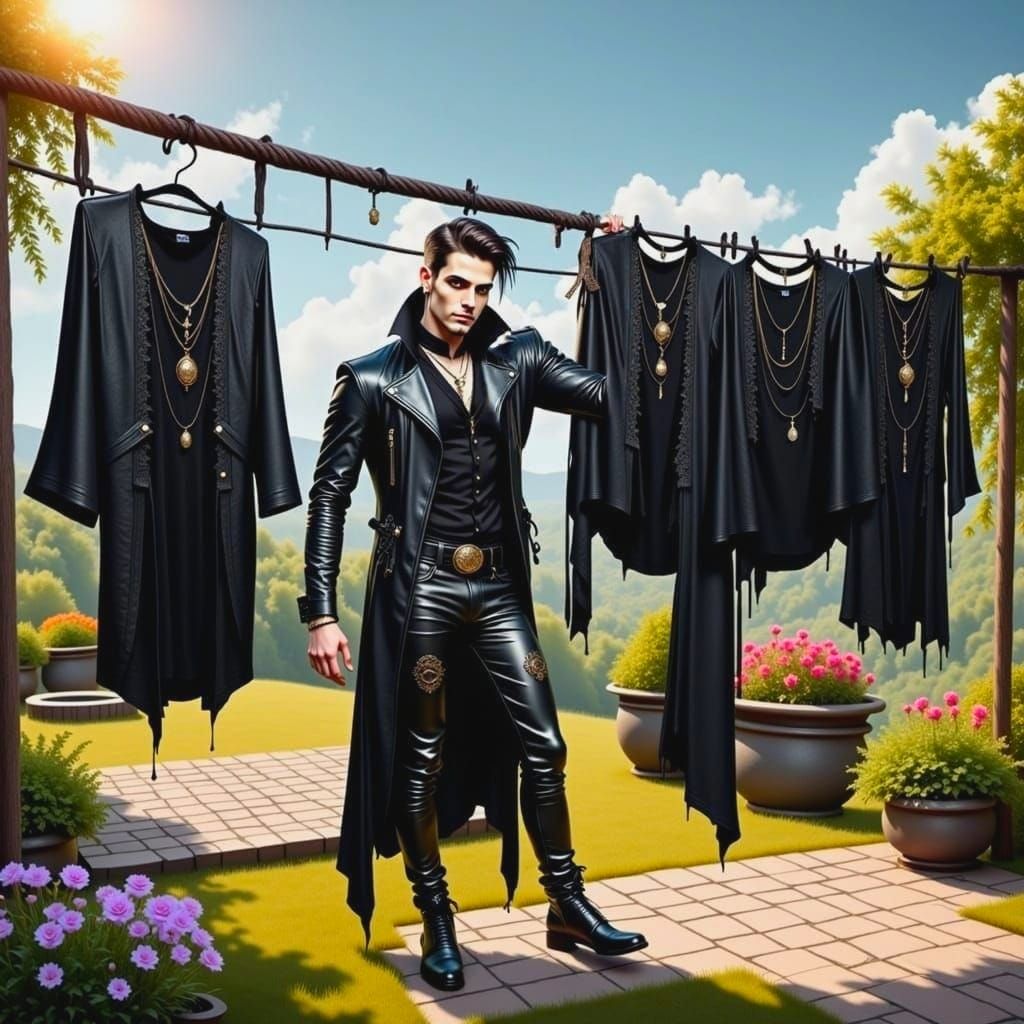 Smiling Goth Man Dries Clothes in Sunny Garden