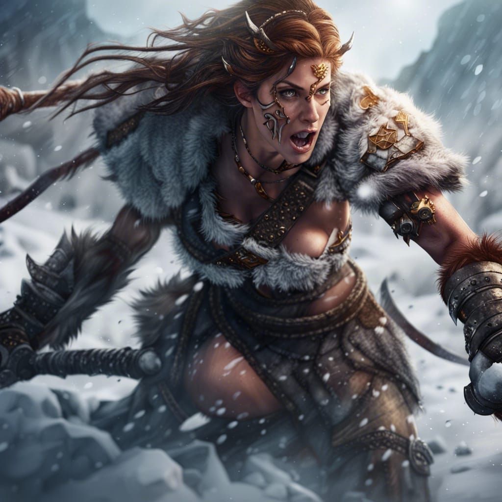 Female Barbarian Warrior on Snowy Battlefield