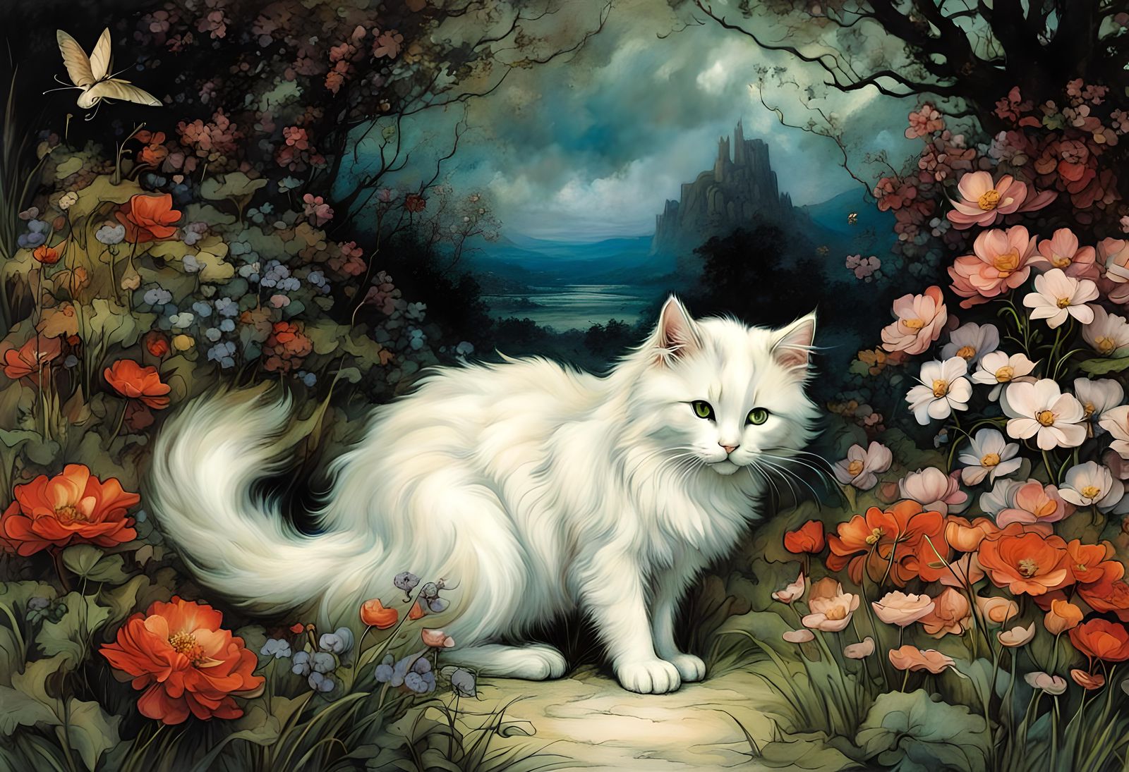 Beautiful cat, fantasy background, flowers, landscape, backg...