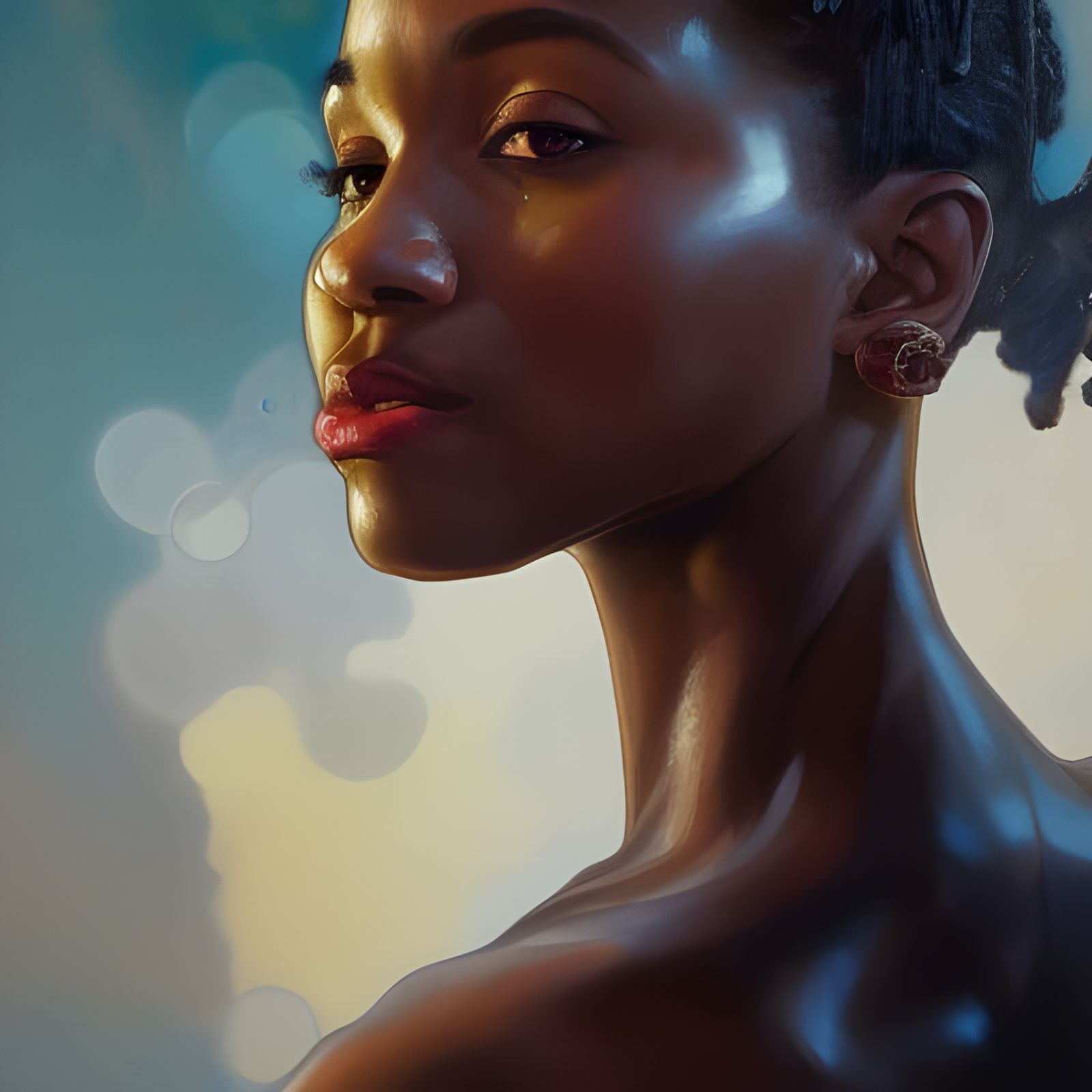 A beautiful topless black woman looks over her left shoulder