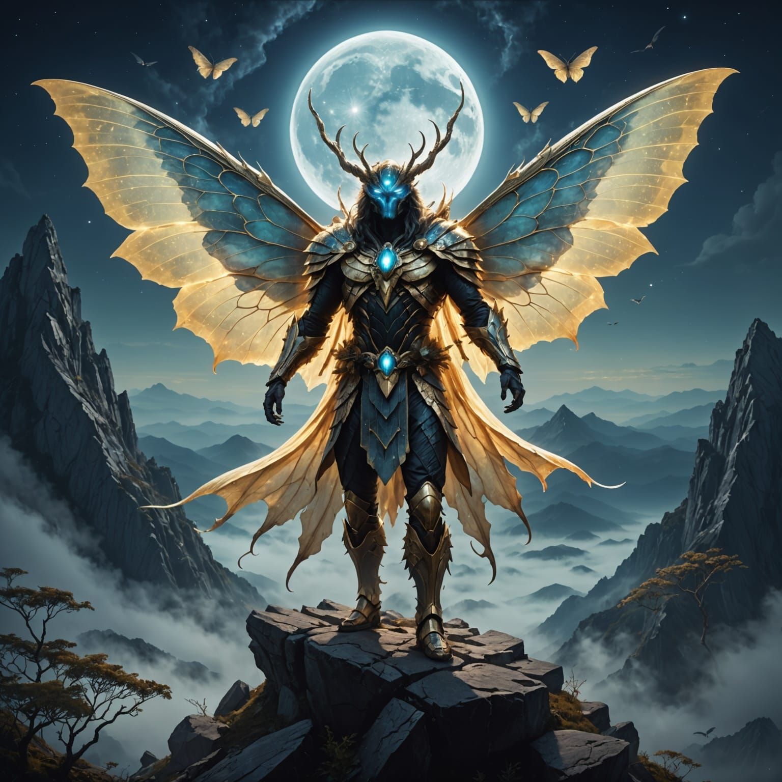 Moth Man Guardian on Misty Mountain Under Full Moon