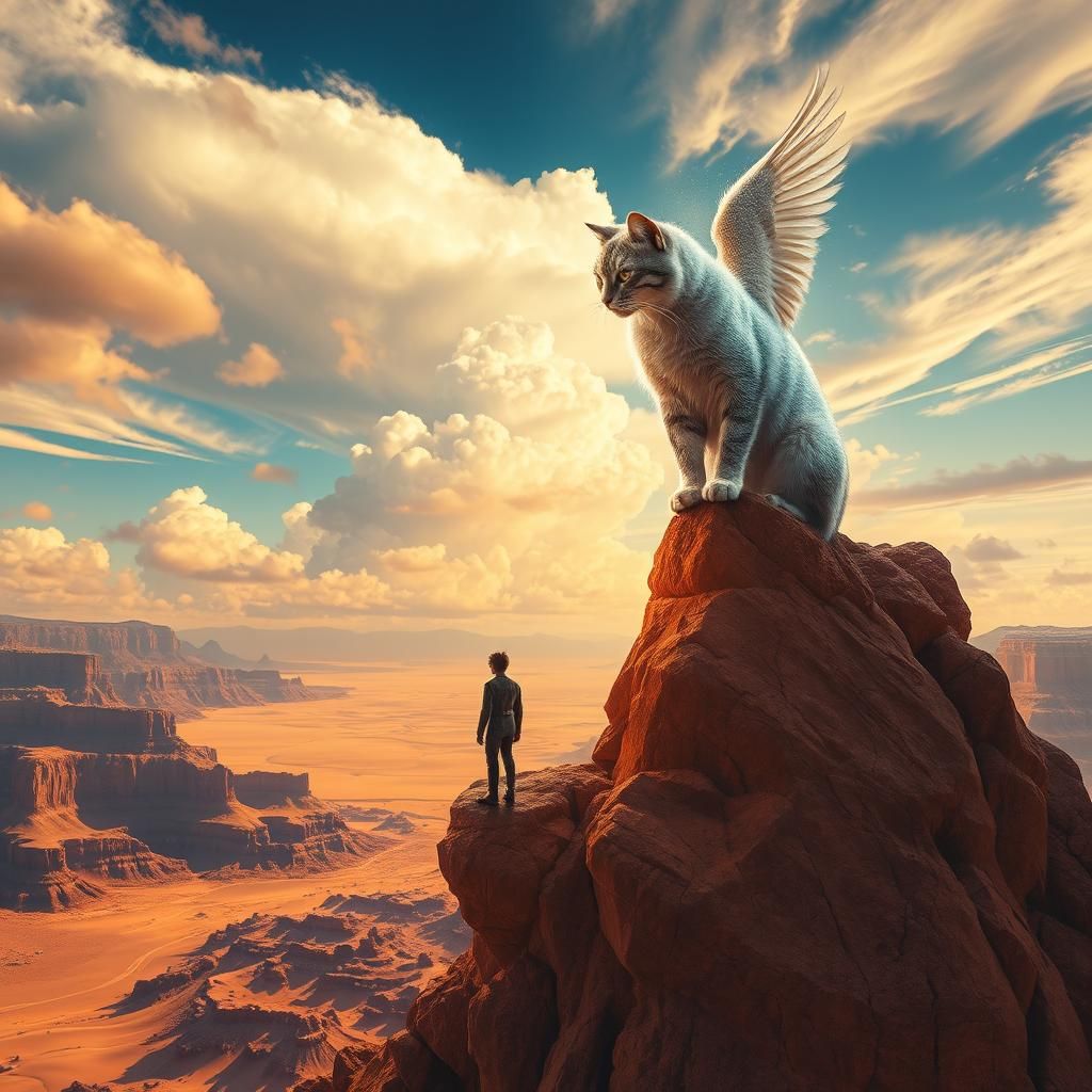 Giant Ethereal Cat Soaring Over Desert Landscape