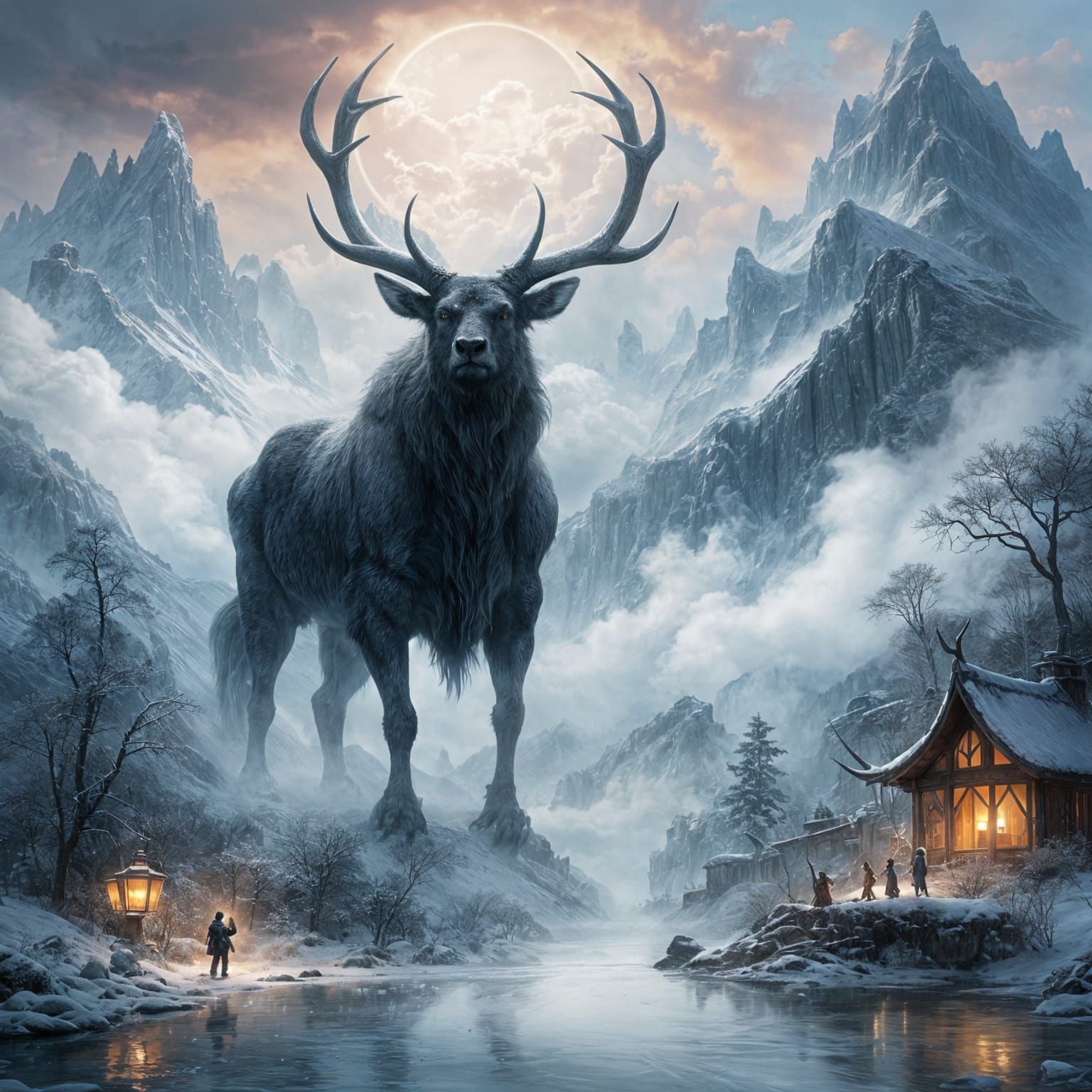 Horned Sky Beast Protecting Children, Ethereal Fantasy Art
