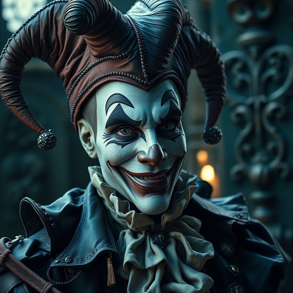 Serene Jester Smiling in Elegant Attire