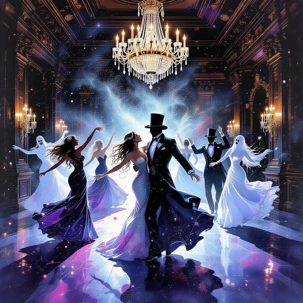 Ghostly New Year's Ball in Opulent Watercolor Style