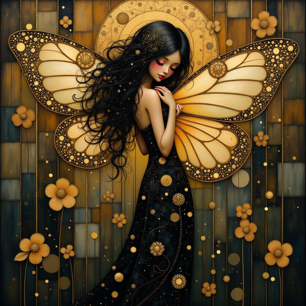 Ethereal Black Fairy in Art Nouveau Style with Gold Accents